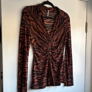 Free People Sheer Brown and Black Animal Print Button Down Top